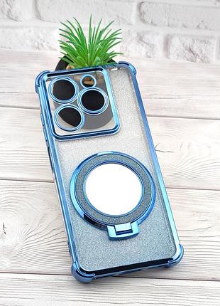 Чехол luxury case для infinix hot 40i (x6528b) блестящий бампер с кольцом подставкой голубой
