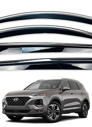 Дефлекторы окон (ветровики) hyundai santa fe 2018-2023 нерж. з хром полоскою (hawk)