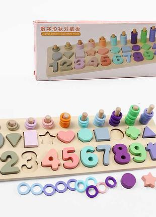 Дошка логічна с 74617 (36) дерев'яна, сортер, дерев'яні кілочки, кольорові кільця, цифри, фігури, в коробці