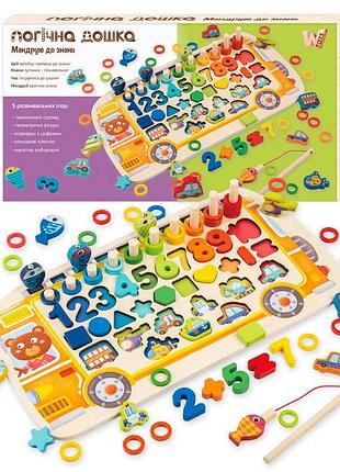 Дошка логічна 38512 (22) "wtoys", "автобус", дерев`яна, сортер, магнітна риболовля, цифри, знаки, фігури, транспорт, кілочки,