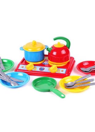Гр кухня "галинка 7" 2179 (14) "technok toys", плита, тарілки, пательня, каструля, чайник, столові прилади, в пакеті