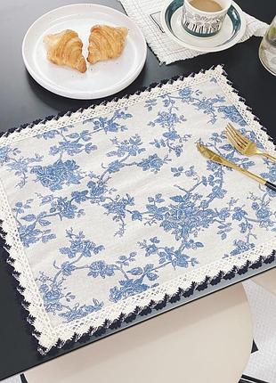 Серветка сервірувальна, текстильний плейсмат з квітами під тарілку «blue flower»
