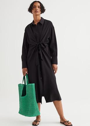 H&m натуральне базове чорне пряме плаття сорочка оверсайз з завʼязками з поясом довжина міді на ґудзиках жатка р. m l повсякденне спортивне