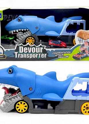 Трейлер акула с машинками devour transporter автовоз со звуком и металлическими машинками