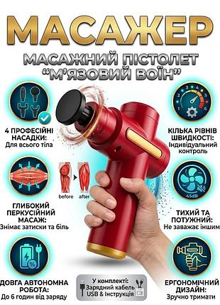 Масажер м'язовий міофасціальний fascial gun, вібромасажер, 4 насадки.