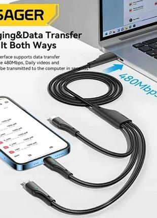 Кабель питания 3в1 usb - type-c, lightning, micro usb essager 100w для зарядки и передачи данных 100 см 4