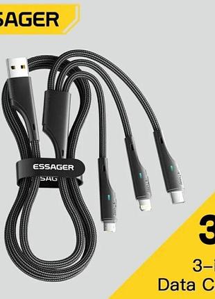 Кабель питания 3в1 usb - type-c, lightning, micro usb essager 100w для зарядки и передачи данных 100 см 7