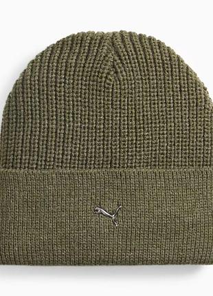 Шапка спортивна puma metal cat beanie 024874 03 (хакі, акрил, в'язана, з відворотом, тепла, логотип пума)