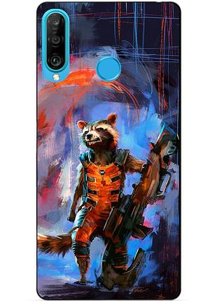 Силиконовый бампер чехол для huawei p30 lite с рисунком реактивный енот стражи галактики