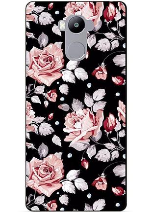 Силиконовый чехол бампер для xiaomi redmi 4 с рисунком розы на черном фоне