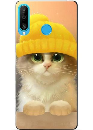 Силиконовый бампер чехол для huawei p30 lite с рисунком котик в шапке