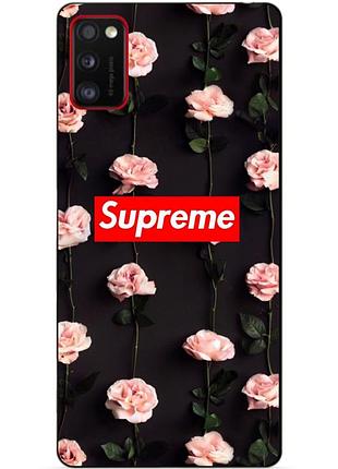 Силиконовый бампер чехол для samsung a41 galaxy a415f с рисунком supreme на розах