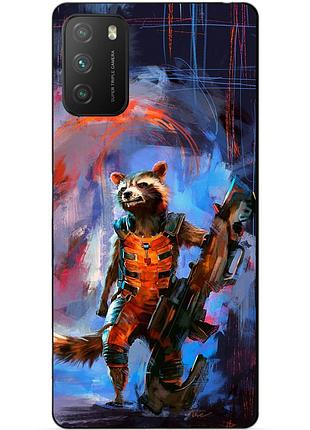 Силиконовый бампер чехол для xiaomi poco m3 с рисунком реактивный енот стражи галактики