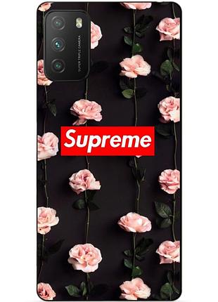 Силиконовый бампер чехол для xiaomi poco m3 с рисунком supreme на розах