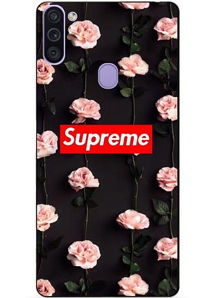 Силиконовый бампер чехол для samsung m11 с рисунком supreme на розах