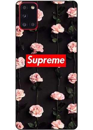 Силиконовый бампер чехол для samsung a31 с рисунком supreme на розах