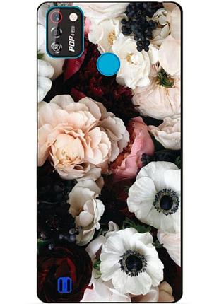 Силиконовый бампер чехол для tecno pop 4 pro с рисунком белые маки