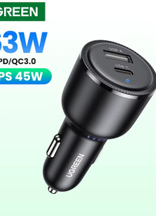 Ugreen cd239 63w pd qc 3.0 pps 45w автомобильное зарядное устройство на 2 usb led original!