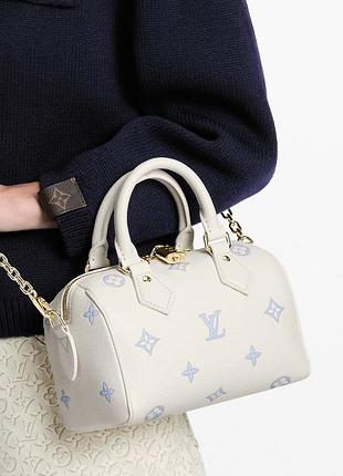 Сумка speedy біла з блакитними квітками золота фурнітура з ременем