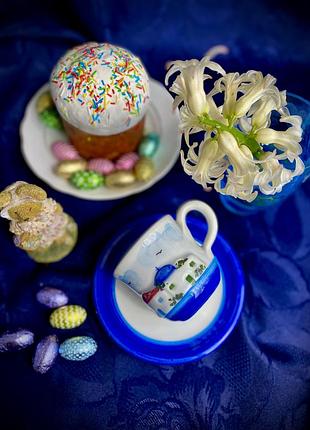 Вінтаж! 🌊☕️ кавова пара будинок з підписом автора мініатюра опак ручний розпис фаянсова в глазурі греція чашка з блюдцем для кави кофейная