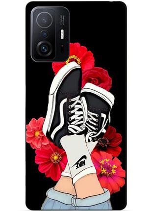 Чехол силиконовый бампер для xiaomi 11t / 11t pro с рисунком кеды ванс найк цветы