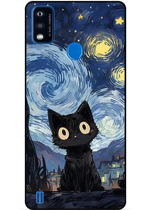 Чехол силиконовый бампер для zte blade a51 с рисунком котик ван гог звездная ночь