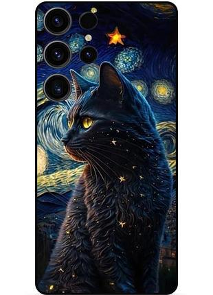 Чехол силиконовый бампер для samsung s23 ultra с рисунком кошечка ван гог звездная ночь