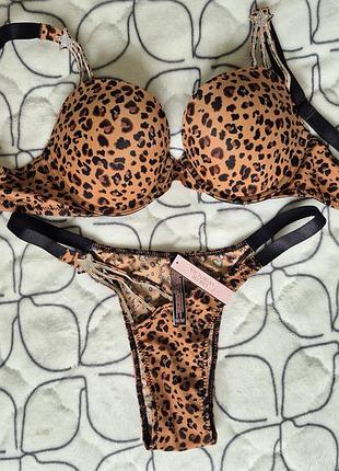 Комплект жіночої білизни victoria's secret леопардовий push-up зі стразами розмір 75в/м