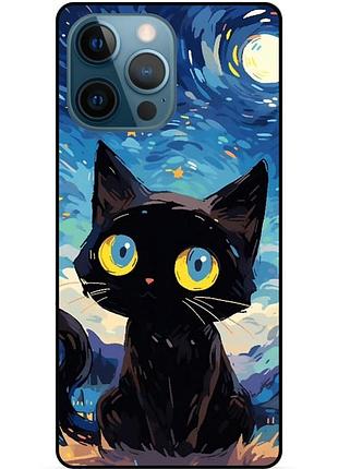 Чехол силиконовый бампер для iphone 14 pro max котик звездная ночь ван гог