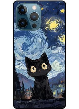 Силіконовий бампер чохол для iphone 14 pro max з малюнком котик ван гог зіркова ніч