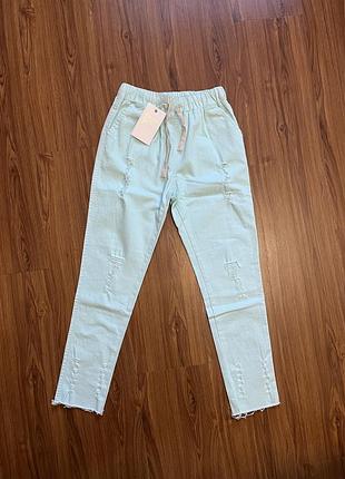 Літні легкі брюки на шнурівці в бірюзовому кольорі xs-s