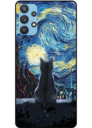 Силиконовый бампер чехол для samsung a32 с рисунком кошечка звездная ночь ван гог