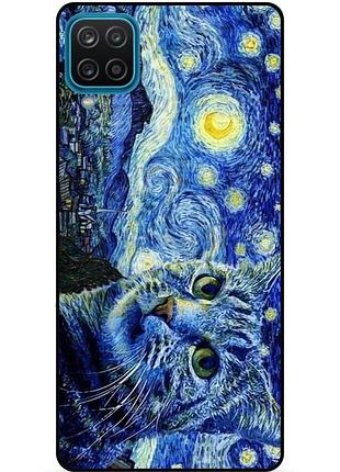 Силиконовый бампер чехол для samsung m12 с рисунком кошечка ван гог звездная ночь
