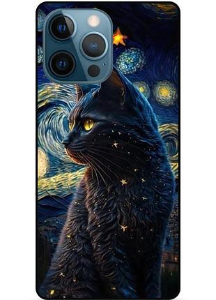 Силиконовый бампер чехол для iphone 13 pro max с рисунком кошечка ван гог звездная ночь