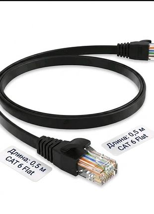 Сетевой кабель ethernet rj45 cat 6 плоский (flat), 0.5м, черный - патч-корд для роутера,к, ps5