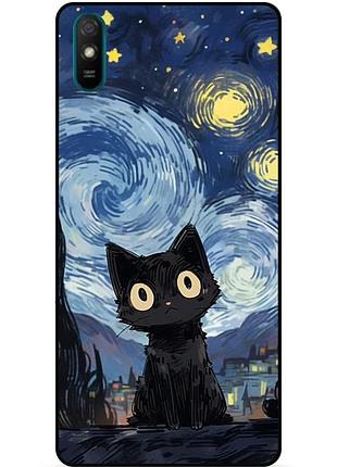 Силиконовый бампер чехол для xiaomi redmi 9a с рисунком котик ван гог звездная ночь