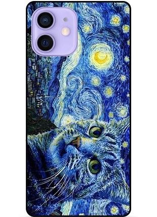 Силиконовый бампер чехол для iphone 12 mini с рисунком кошечка ван гог звездная ночь
