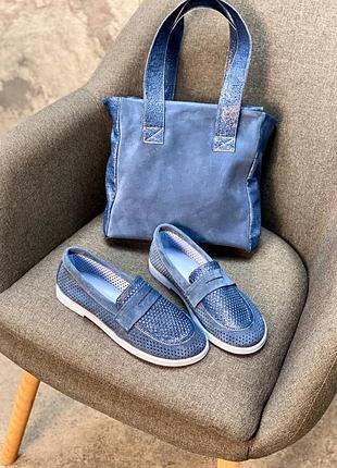 Сині колір джинс анатомічні широкі лофери в комбінації натуральної шкіри та замші колір на вибір