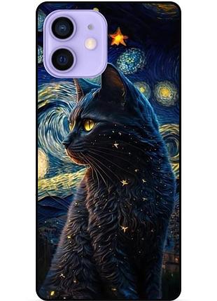 Силиконовый бампер чехол для iphone 12 mini с рисунком кошечка ван гог звездная ночь