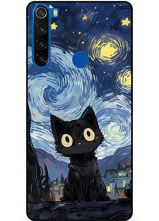 Силиконовый бампер чехол для xiaomi redmi note 8 с рисунком котик ван гог звездная ночь