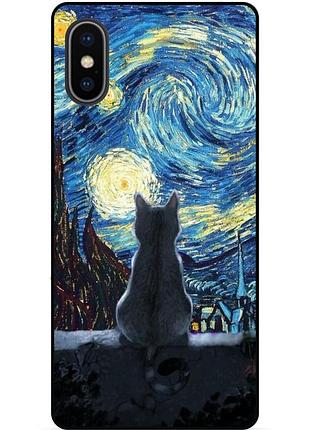 Силиконовый бампер чехол для iphone x 10 с рисунком кошечка звездная ночь ван гог