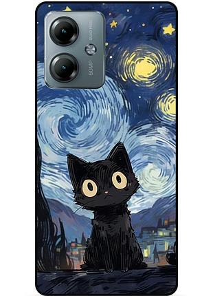 Силиконовый бампер чехол для motorola moto g14 с рисунком котик ван гог звездная ночь