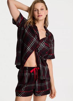 Фланелева піжама з шортами victoria's secret flannel short pajama set, чорна в клітку