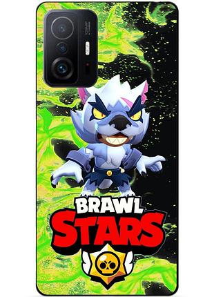 Чехол силиконовый бампер для xiaomi 11t с героем бравл леон белый волк brawl