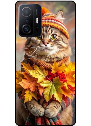 Силіконовий бампер чохол для xiaomi 11t з малюнком кішка восени