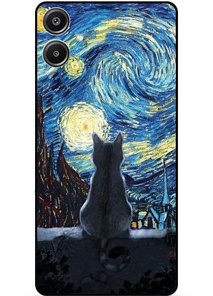 Силиконовый бампер чехол для samsung a07 с рисунком кошечка звездная ночь ван гог