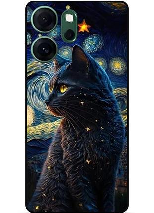 Силиконовый бампер чехол для oppo reno 14f котик звездная ночь ван гог