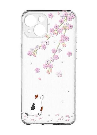 Прозрачный чехол с защитой камер на iphone 15 :: котик и сакура (принт 283)