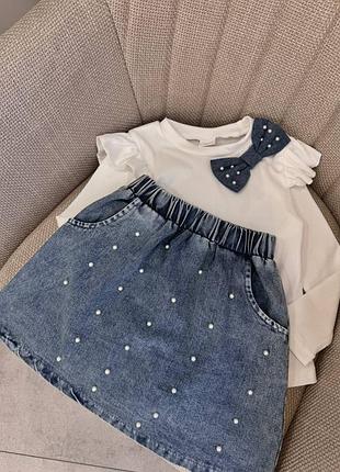 Дитячий модний костюм реглан і джинсова спідничка бант жемчуг для дівчинки