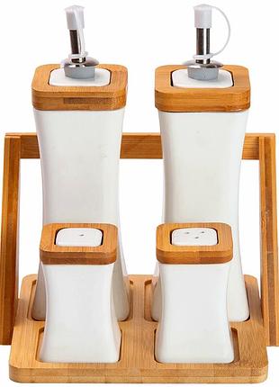 Набор для специй 4 предмета фарфоровый с бамбуковой подставкой для соли перца масла уксуса 17 5x14x20см белый